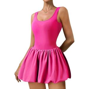 imageWomens Bubble Hem Tennis Dress U Neck Sleeveless Athletic Dress Built in Shorts with Pockets GolfPink