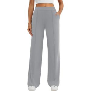 imageWomens Dress Work Pants Business Casual Slacks Stretchy Wide Leg Trousers with Pockets High Waist Pull OnLight Grey
