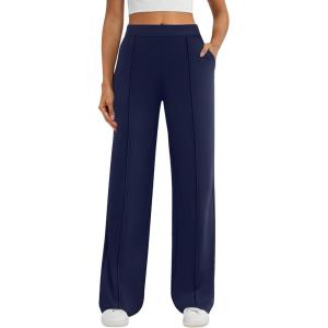 imageWomens Dress Work Pants Business Casual Slacks Stretchy Wide Leg Trousers with Pockets High Waist Pull OnNavy Blue