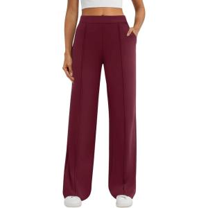 imageWomens Dress Work Pants Business Casual Slacks Stretchy Wide Leg Trousers with Pockets High Waist Pull OnWine Red