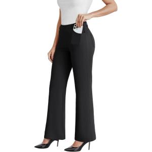 imageDress Work Pants Women Business Casual Slack Trousers Stretchy Pull On Office Flare Pants with PocketsBlack