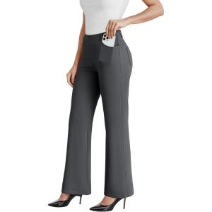 imageDress Work Pants Women Business Casual Slack Trousers Stretchy Pull On Office Flare Pants with PocketsDeep Grey