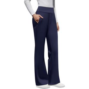 imageWomens High Waist Dress Pants Business Casual Work Pants Stretchy Bootcut Pull On Slacks Office Trousers with PocketsNavy Blue