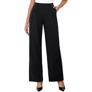 imageWomens Wide Leg Dress Pants Stretchy High Waisted Work Pants Business Casual Office Trousers with PocketsBlack