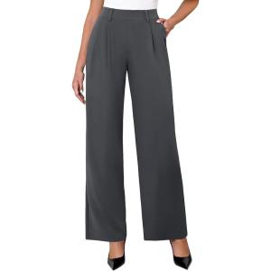 imageWomens Wide Leg Dress Pants Stretchy High Waisted Work Pants Business Casual Office Trousers with PocketsDeep Grey