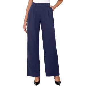 imageWomens Wide Leg Dress Pants Stretchy High Waisted Work Pants Business Casual Office Trousers with PocketsNavy Blue