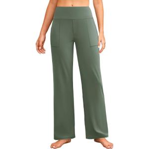 imageWide Leg Yoga Pants Women Elastic High Waisted Lounge Pants Loose Causal Comfy Trousers with PocketsArmy Green