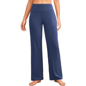 imageWide Leg Yoga Pants Women Elastic High Waisted Lounge Pants Loose Causal Comfy Trousers with PocketsNavy Blue