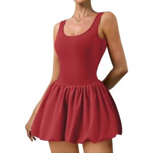 image:imageAthletic Dress for Women Bubble Hem Tennis Dress with Pockets U Neck Sleeveless Dress with Built in ShortsRed