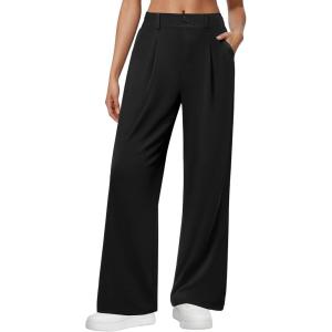 image:imageWide Leg Dress Pants for Women Pull on Elastic Stretchy Work Pants High Waisted Casual Slacks with PocketsBlack