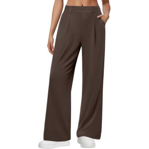 image:imageWide Leg Dress Pants for Women Pull on Elastic Stretchy Work Pants High Waisted Casual Slacks with PocketsBrown