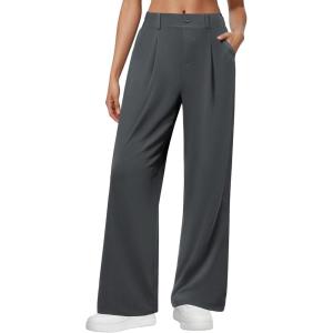 image:imageWide Leg Dress Pants for Women Pull on Elastic Stretchy Work Pants High Waisted Casual Slacks with PocketsDark Grey