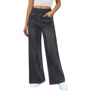 image:imageDLOODA Womens Wide Leg Jeans High Waisted Stretchy Denim Pants Elastic Waist Pull On Sweatpant Jeans Trendy Baggy LooseDark Grey