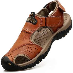 imageVISIONREAST Mens Leather Sandals  Outdoor Hiking ampamp Waterproof Athletic Sports Sandals  Fisherman Beach Shoes with Closed ToeBbrown