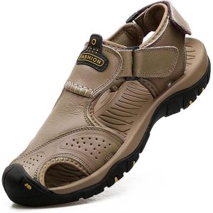 imageVISIONREAST Mens Leather Sandals  Outdoor Hiking ampamp Waterproof Athletic Sports Sandals  Fisherman Beach Shoes with Closed ToeCkhaki