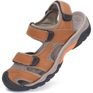 imageVISIONREAST Mens Leather Sandals  Outdoor Hiking ampamp Waterproof Athletic Sports Sandals  Fisherman Beach Shoes with Closed ToeGbrown