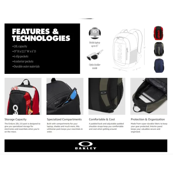 imageOakley Mens 20L Enduro 30 Black Backpack for Hiking Backpacking Camping Traveling  BUNDLE with Designer iWear Collapsible Water Bottle with CarabinerRed
