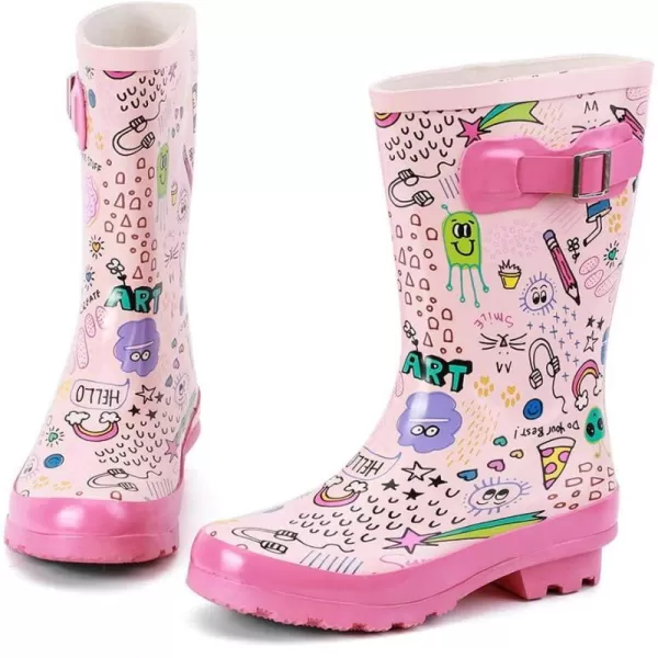 ALEADER Kids Waterproof Rubber Rain Boots for Girls Boys  Toddlers with Fun Prints  HandlesPinkPrinted