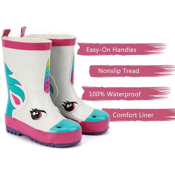 ALEADER Kids Waterproof Rubber Rain Boots for Girls Boys amp Toddlers with Fun Prints amp HandlesWhiteUnicorn