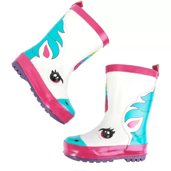 ALEADER Kids Waterproof Rubber Rain Boots for Girls Boys amp Toddlers with Fun Prints amp HandlesWhiteUnicorn