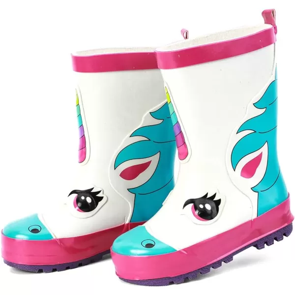 ALEADER Kids Waterproof Rubber Rain Boots for Girls Boys amp Toddlers with Fun Prints amp HandlesWhiteUnicorn