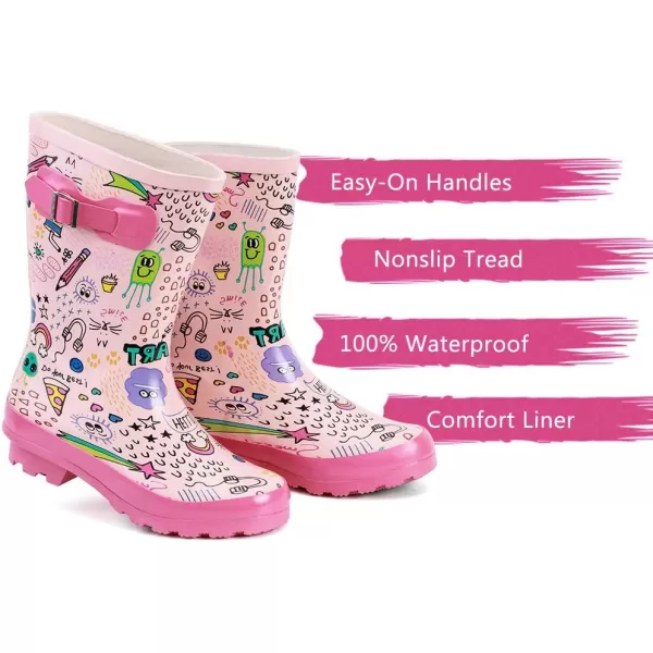 ALEADER Kids Waterproof Rubber Rain Boots for Girls Boys ampamp Toddlers with Fun Prints ampamp Handles