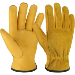 imageOZERO 5Pair Leather Work Gloves Cowhide Garden Glove for Wood CuttingYard GoldLargeGold1 Pair