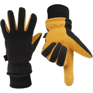 imageOZERO Men ampamp Women Winter Gloves 30F Deerskin Leather Waterresistant Windproof Cold Weather Glove for Driving HikingGoldblack