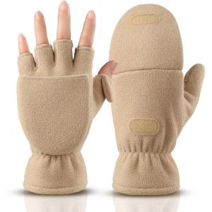 imageOZERO Winter Gloves Fingerless Convertible Mittens Thermal Polar Fleece Insulated Lining Windproof Warm for Men WomenApricot