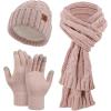 imageOZERO Scarf and Gloves Set for Women Warm Knit Touchscreen Glove Slouchy Polar Fleece Lined Beanie Hat ScarfPink