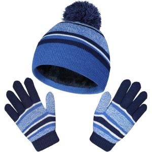imageOZERO 2Pcs Kids Winter Knit Hat Gloves Set Warm Fleece Lining Thermal Beanie for 38 Year Boys and GirlsBlue