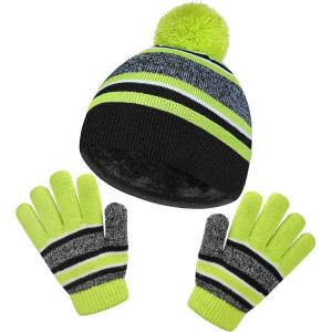 imageOZERO 2Pcs Kids Winter Knit Hat Gloves Set Warm Fleece Lining Thermal Beanie for 38 Year Boys and GirlsGreen