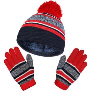 imageOZERO 2Pcs Kids Winter Knit Hat Gloves Set Warm Fleece Lining Thermal Beanie for 38 Year Boys and GirlsRed