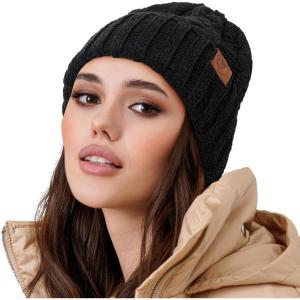 imageOZERO Black Beanies for Women Knit Polar Fleece Lined Slouchy Warm Womens Hats WinterBlack