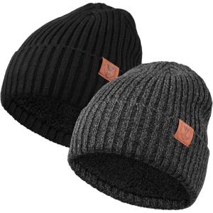 imageOZERO Knit Beanie Winter Hat Thermal Thick Polar Fleece Snow Skull Cap for Men and Women2pack Blackgrey