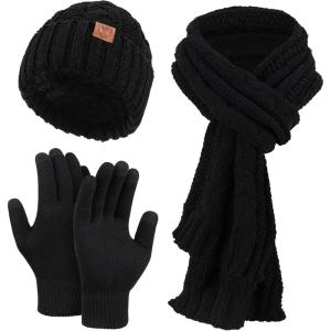 imageOZERO Scarf and Gloves Set for Women Warm Knit Touchscreen Glove Slouchy Polar Fleece Lined Beanie Hat ScarfBlack
