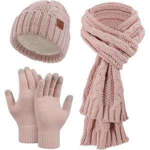 imageOZERO Scarf and Gloves Set for Women Warm Knit Touchscreen Glove Slouchy Polar Fleece Lined Beanie Hat ScarfPink