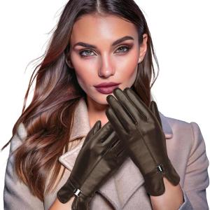 imageOZERO Leather Womens Gloves Winter Sheepskin Wool Warm Womens Gloves with Touchscreen Fingers for Cold WeatherBrown