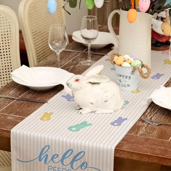 ARKENY Easter Table Runner 13x36 InchesBunny Rabbit Hello Peeps Spring Holiday Farmhouse Stripe Burlap Indoor Table Decorations for Home AT56936Table Runner  13X36