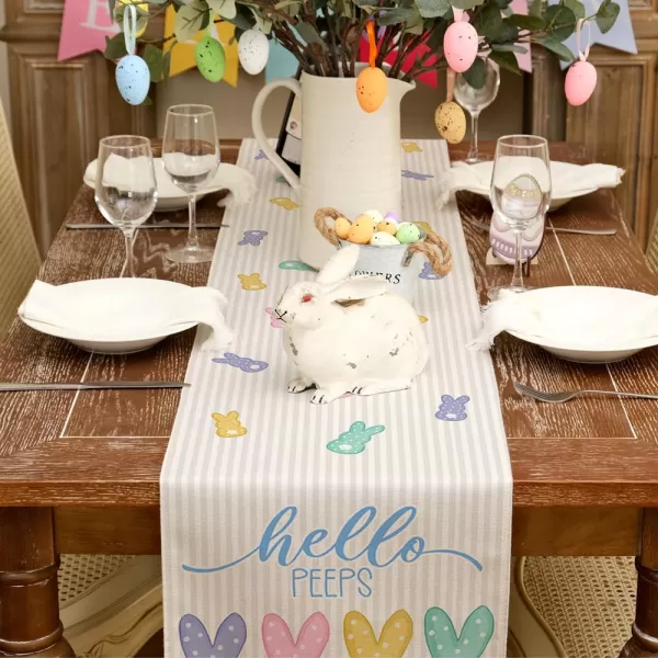 ARKENY Easter Table Runner 13x36 InchesBunny Rabbit Hello Peeps Spring Holiday Farmhouse Stripe Burlap Indoor Table Decorations for Home AT56936Table Runner  13X60