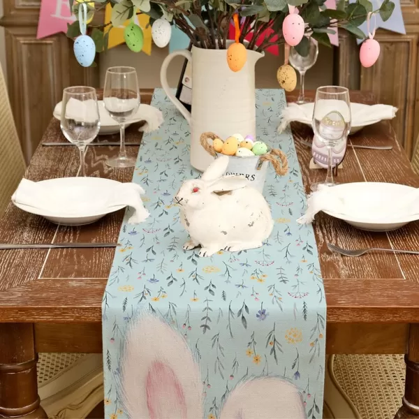 ARKENY Easter Table Runner 13x72 Inches Bunny Rabbit Ears Floral Spring Holiday Farmhouse Blue Burlap Indoor Table Decorations for Home AT55472