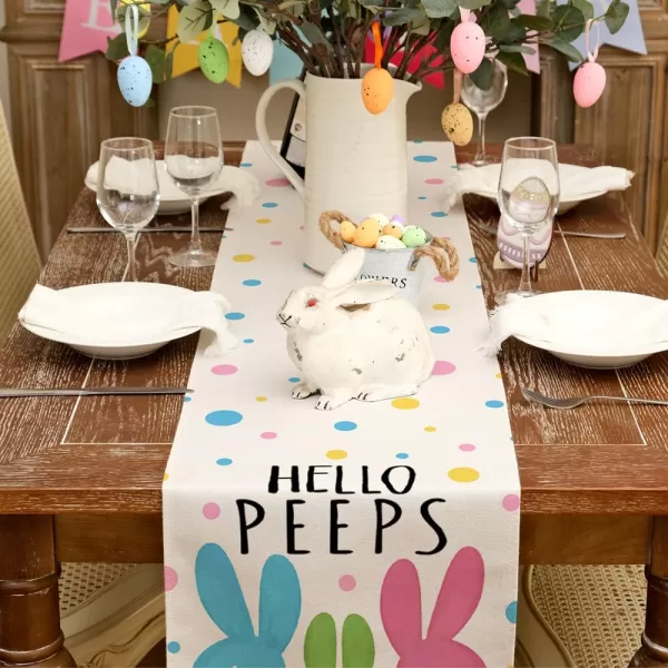 ARKENY Easter Table Runner 13x72 Inches Bunny Rabbit Hello Peeps Spring Holiday Farmhouse Burlap Buffalo Plaid Indoor Table Decorations for Home AT37172