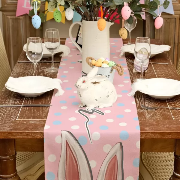 ARKENY Happy Easter Table Runner 13x72 Inches Bunny Rabbit Ears Pink Spring Holiday Farmhouse Polka Dot Burlap Indoor Table Decorations for Home AT55772