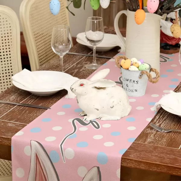 ARKENY Happy Easter Table Runner 13x72 Inches Bunny Rabbit Ears Pink Spring Holiday Farmhouse Polka Dot Burlap Indoor Table Decorations for Home AT55772