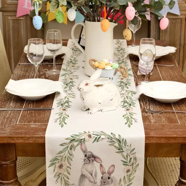 ARKENY Happy Easter Table Runner 13x72 Inches Bunny Rabbit Leaf Floral Spring Holiday Farmhouse Buffalo Plaid Burlap Indoor Table Decorations for Home AT57372