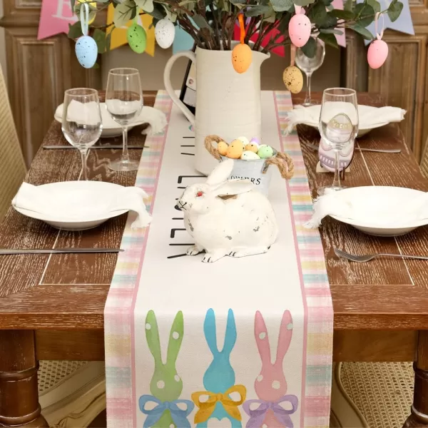 ARKENY Happy Easter Table Runner 13x72 Inches Bunny Rabbit Pink Spring Holiday Farmhouse Burlap Buffalo Plaid Indoor Table Decorations for Home AT39572