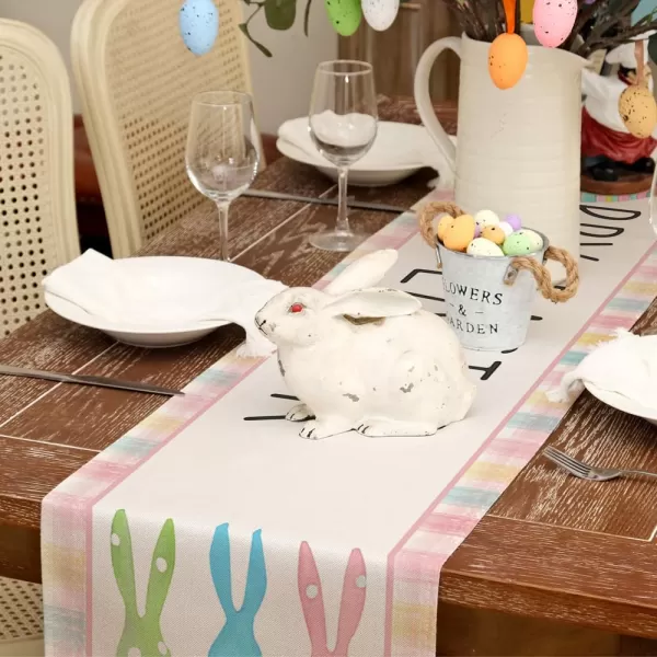 ARKENY Happy Easter Table Runner 13x72 Inches Bunny Rabbit Pink Spring Holiday Farmhouse Burlap Buffalo Plaid Indoor Table Decorations for Home AT39572