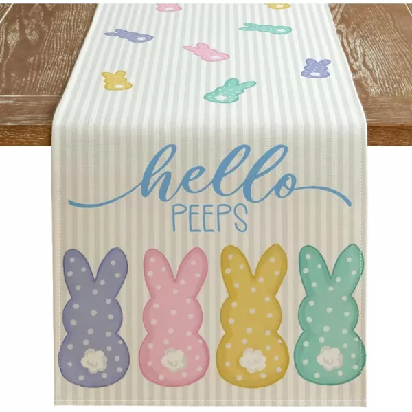 ARKENY Easter Table Runner 13x36 InchesBunny Rabbit Hello Peeps Spring Holiday Farmhouse Stripe Burlap Indoor Table Decorations for Home AT56936Table Runner  13X36