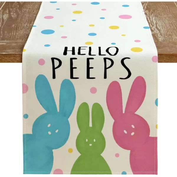 ARKENY Easter Table Runner 13x72 Inches Bunny Rabbit Hello Peeps Spring Holiday Farmhouse Burlap Buffalo Plaid Indoor Table Decorations for Home AT37172