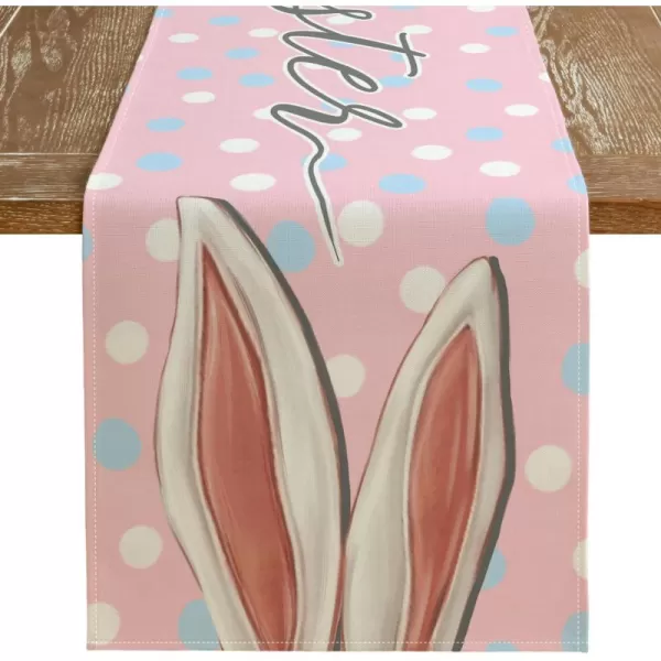 ARKENY Happy Easter Table Runner 13x72 Inches Bunny Rabbit Ears Pink Spring Holiday Farmhouse Polka Dot Burlap Indoor Table Decorations for Home AT55772